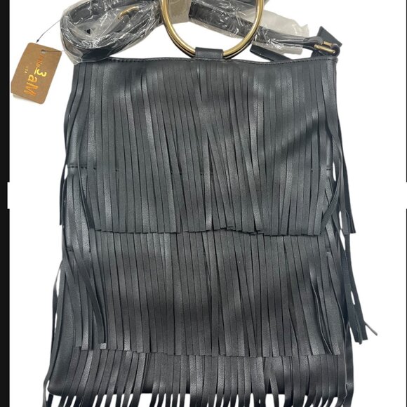 Fringe Tiered /Tassel/ Gold Hoop / Bohemian Crossbody/ Retro 70s - Black - NWT - Picture 8 of 9